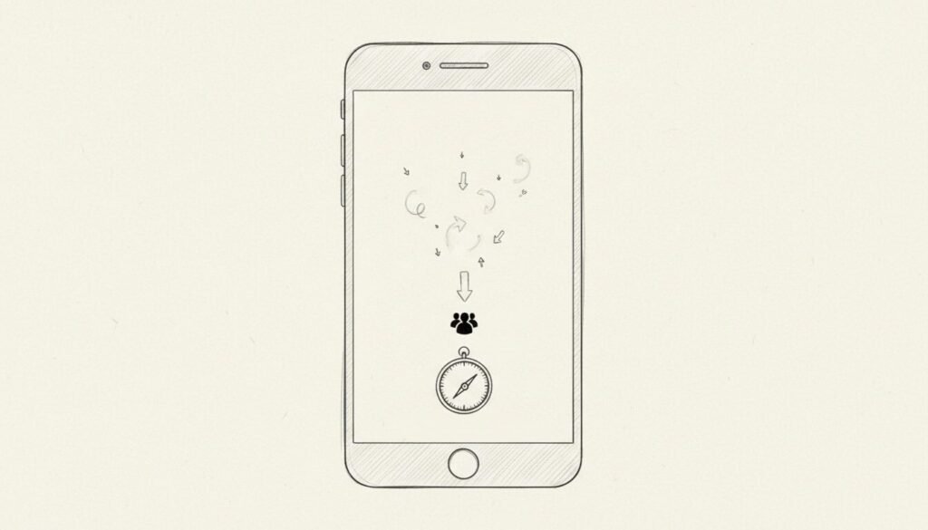 Minimal sketch of a phone with a compass pointing toward a small group, surrounded by fading attention cues.