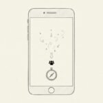 Minimal sketch of a phone with a compass pointing toward a small group, surrounded by fading attention cues.