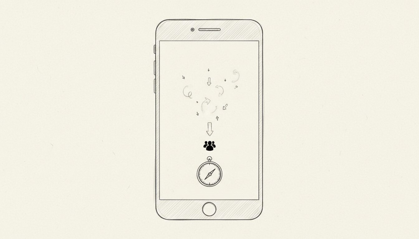 Minimal sketch of a phone with a compass pointing toward a small group, surrounded by fading attention cues.