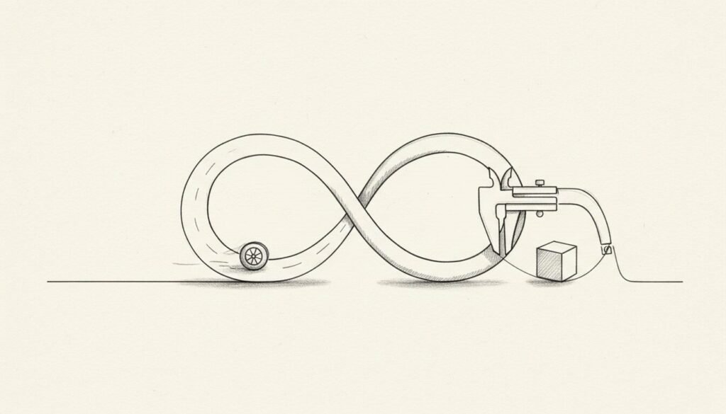 A minimalist sketch of an infinity loop blending a road and a caliper to show speed and quality working together.