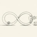A minimalist sketch of an infinity loop blending a road and a caliper to show speed and quality working together.