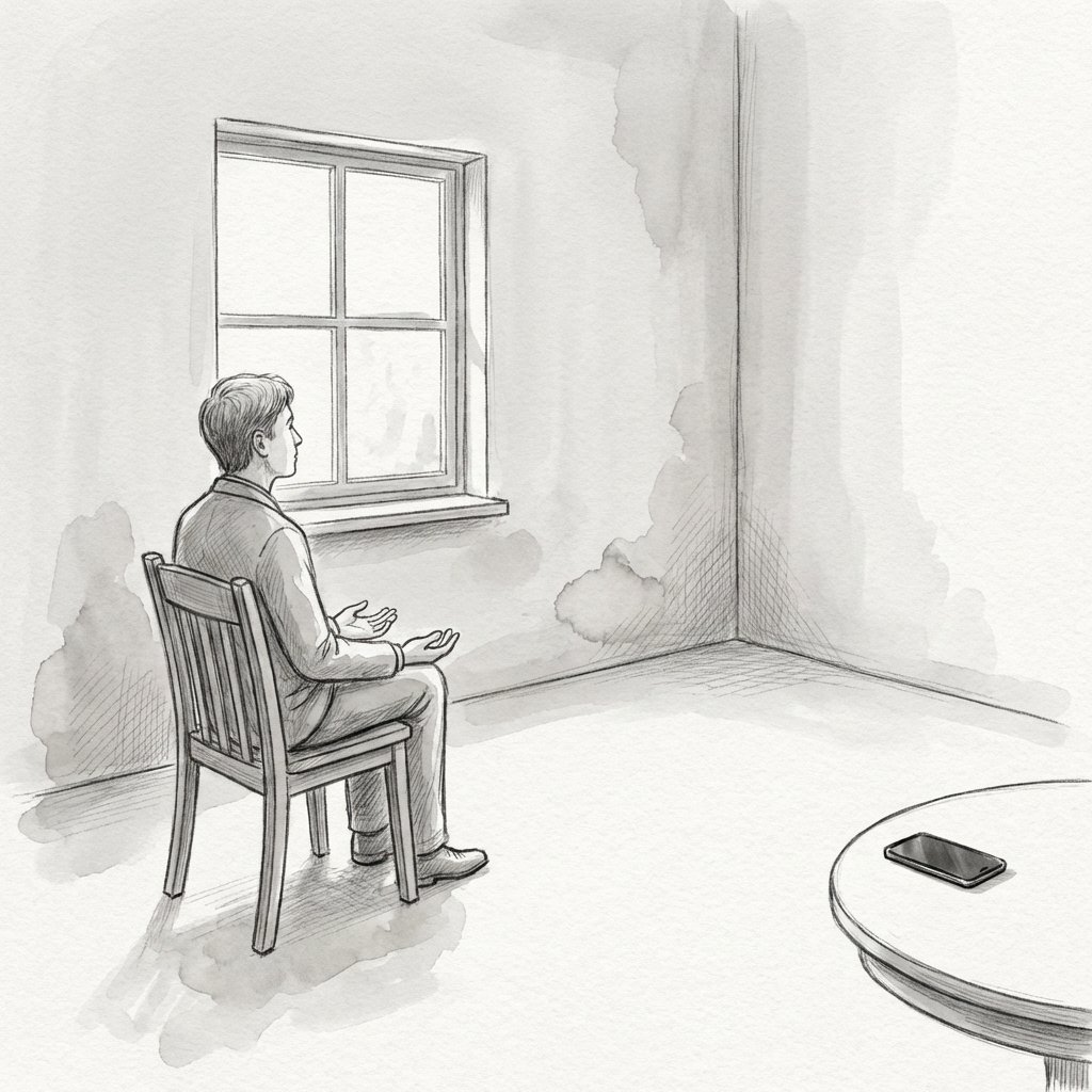 A person sits quietly in a waiting room while a phone rests face-down on a table several feet away.