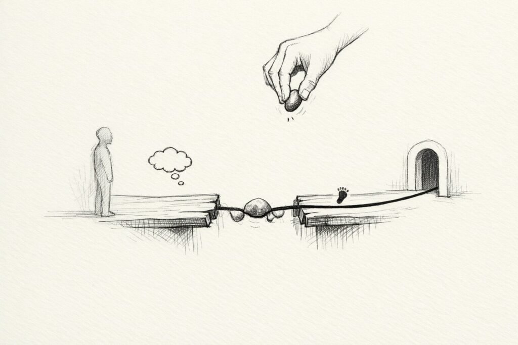 A sparse sketch of a broken bridge completed by a small placed stone, letting a figure move toward a doorway.