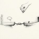 A sparse sketch of a broken bridge completed by a small placed stone, letting a figure move toward a doorway.