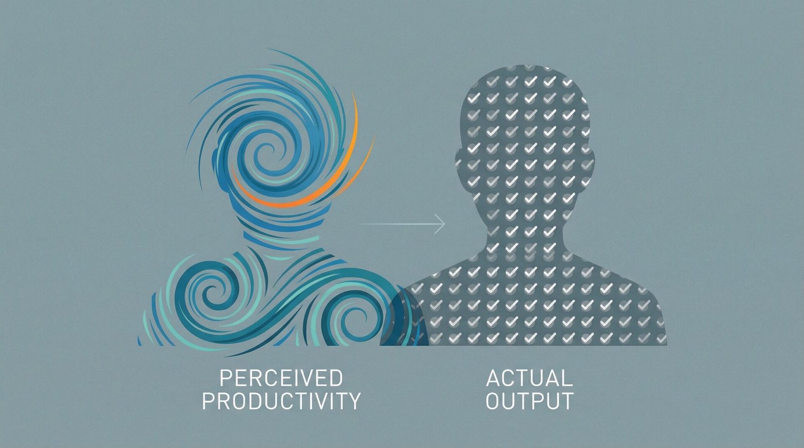 Editorial illustration comparing vibrant perceived productivity with measured actual output in two human silhouettes.