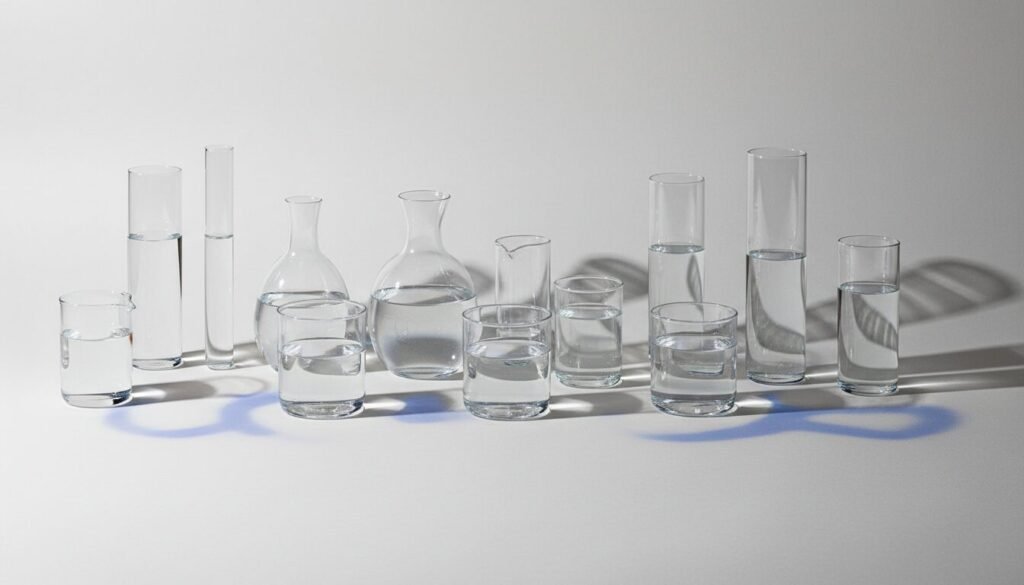 Conceptual photo showing varying glass vessels with different water levels symbolizing individual caffeine responses.