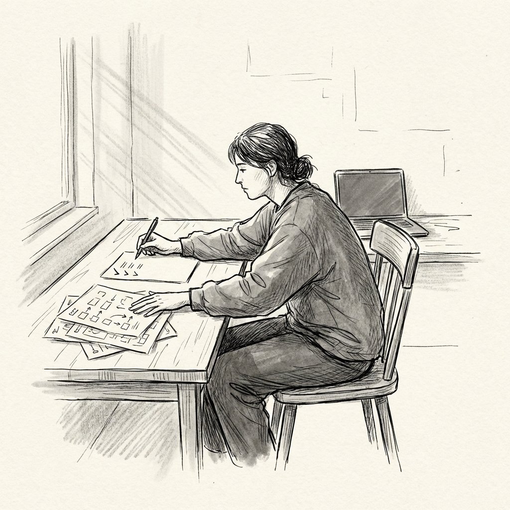 A person at a desk pushes aside messy plans and makes a first check mark on a simple list.