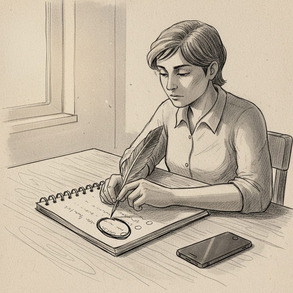 A person at a desk focuses on a notebook with one dark circled item while a phone sits face down nearby.