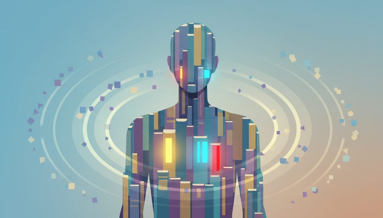 Mosaic illustration of a human figure built from many faded book spines with glowing highlights, symbolizing the compound effect of reading