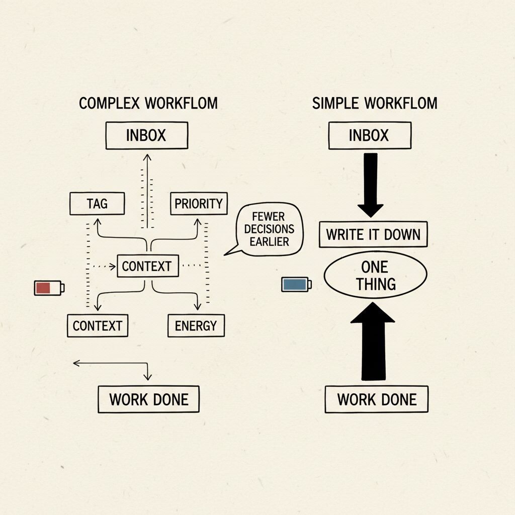 Diagram comparing a branching complex workflow to a simple one-thing flow with different energy levels.
