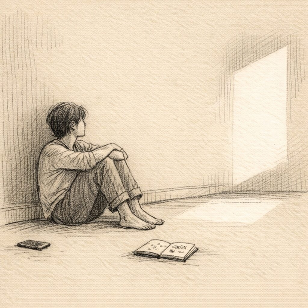 An empty frame floats above a face-down phone as a notification-shaped heart fades away.