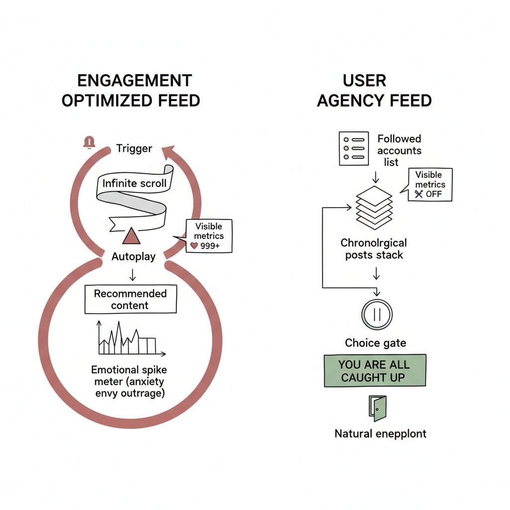 Diagram comparing an engagement loop with autoplay and recommendations to an agency path with chronological posts and endpoints.