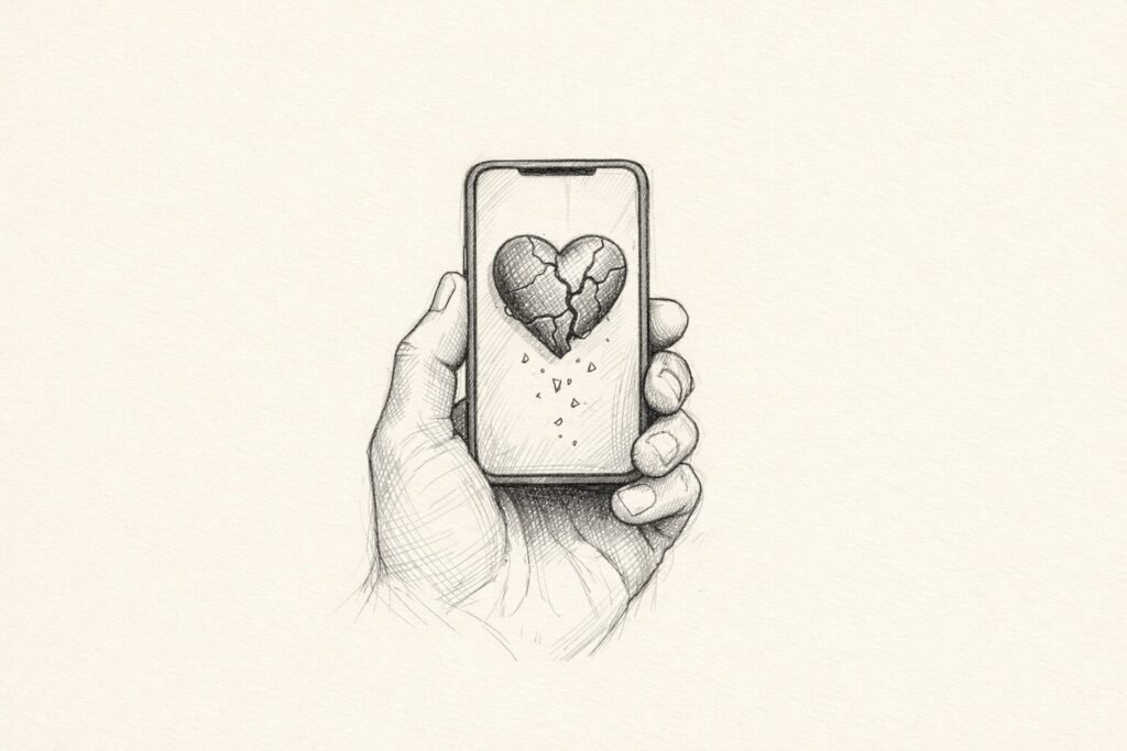 A hand holds a phone whose screen reflects a cracked wax heart seal, symbolizing self-trust breaking.