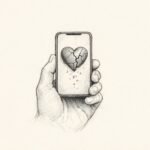 A hand holds a phone whose screen reflects a cracked wax heart seal, symbolizing self-trust breaking.