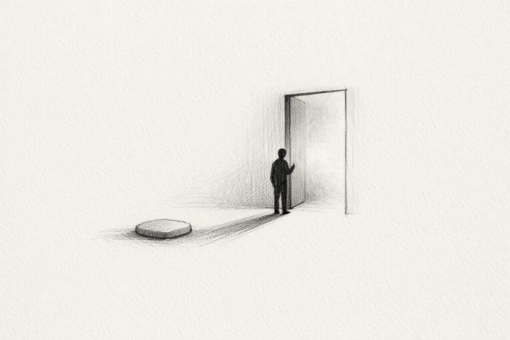A lone figure faces a door opening into blank fog, suggesting tomorrow as an empty escape.