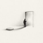 A lone figure faces a door opening into blank fog, suggesting tomorrow as an empty escape.