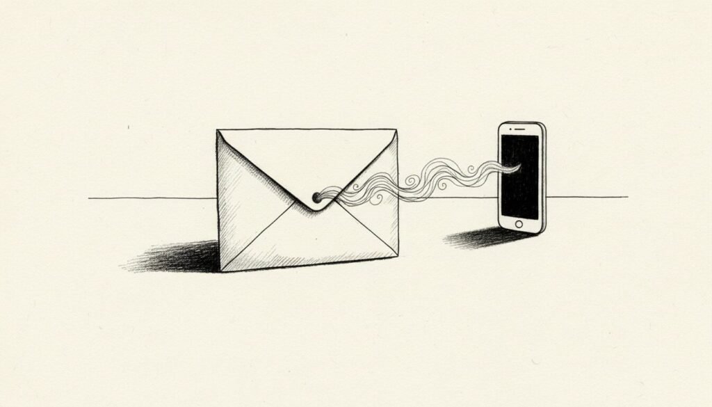A sketch of an envelope and a phone shaped like a doorway, suggesting escape from starting a hard task.
