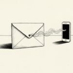 A sketch of an envelope and a phone shaped like a doorway, suggesting escape from starting a hard task.