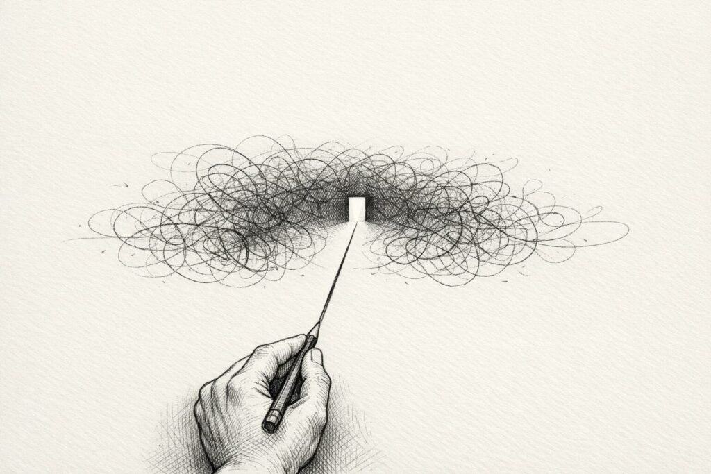 A hand draws one straight line toward a small doorway while tangled scribbles float nearby in empty space.