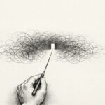 A hand draws one straight line toward a small doorway while tangled scribbles float nearby in empty space.