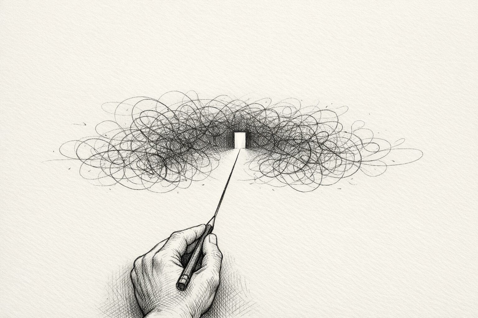 A hand draws one straight line toward a small doorway while tangled scribbles float nearby in empty space.