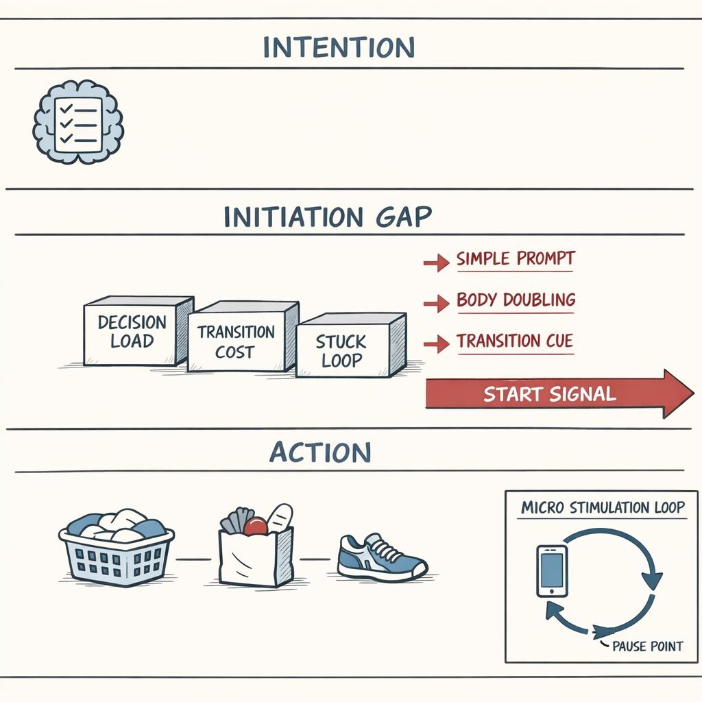 A flat diagram showing intention, an initiation gap with obstacles, and external cues that lead into action.