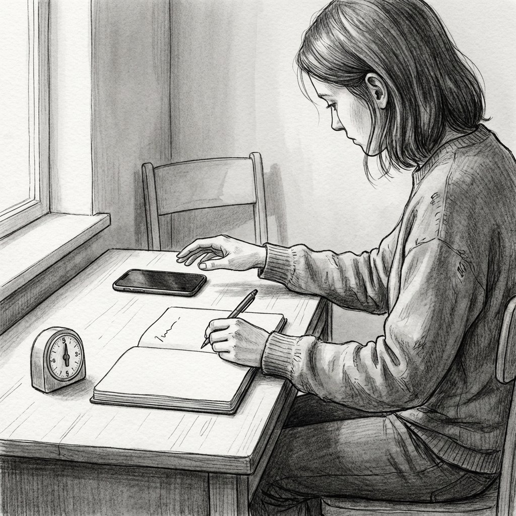 A person pushes a phone away and begins writing in a notebook beside a five-minute timer.