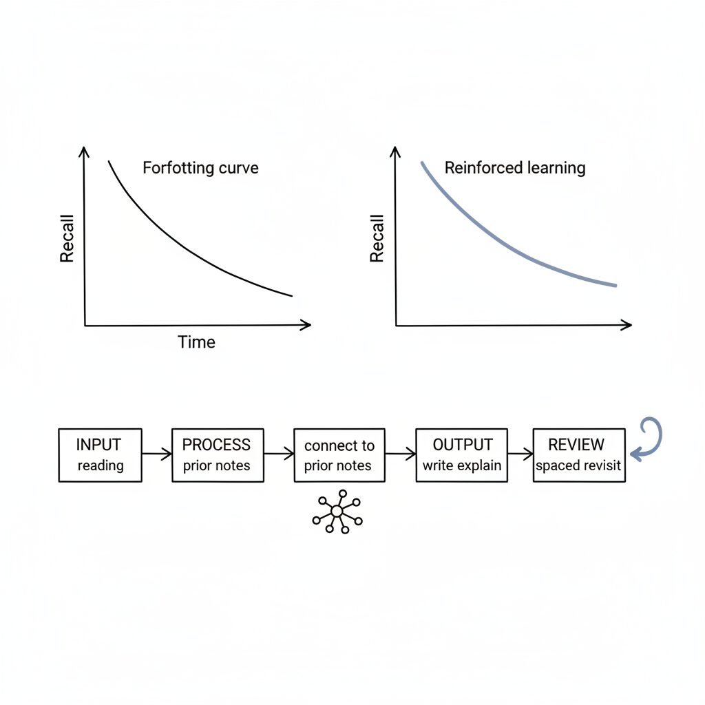 A diagram comparing steep forgetting with a flatter reinforced curve and a loop of input, connect, output, review.