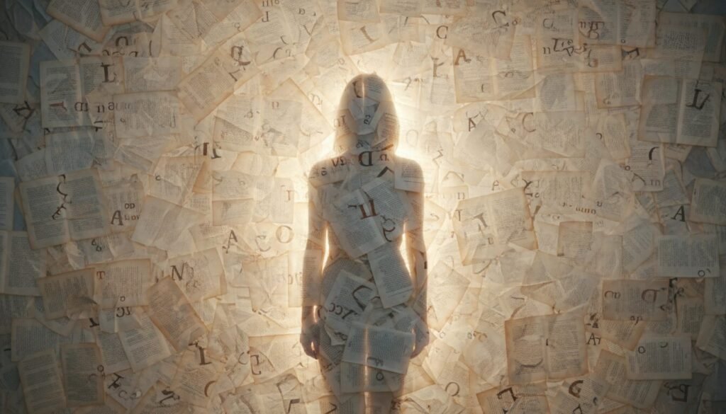 Editorial photo of a glowing silhouette before a wall of blurred book pages, symbolizing the lasting impact of forgotten reading