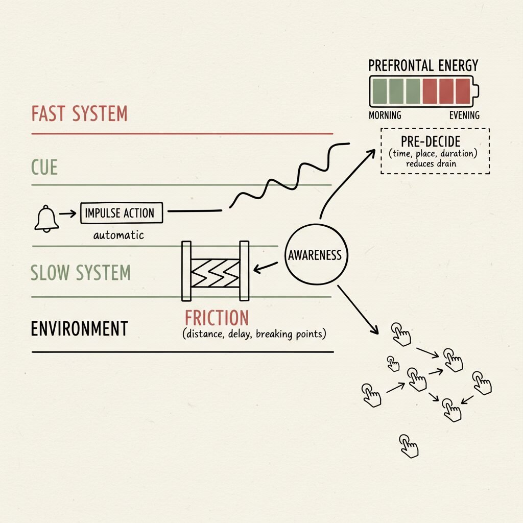 A diagram showing fast impulses, slow awareness, and how friction and pre-decisions preserve mental energy.