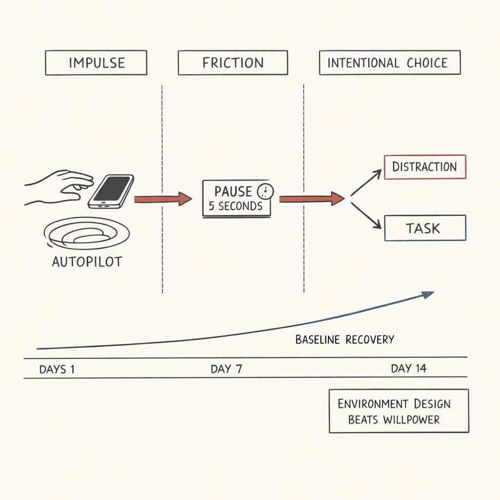 A simple flowchart shows impulse interrupted by a pause barrier that leads to a deliberate choice and a recovery timeline.