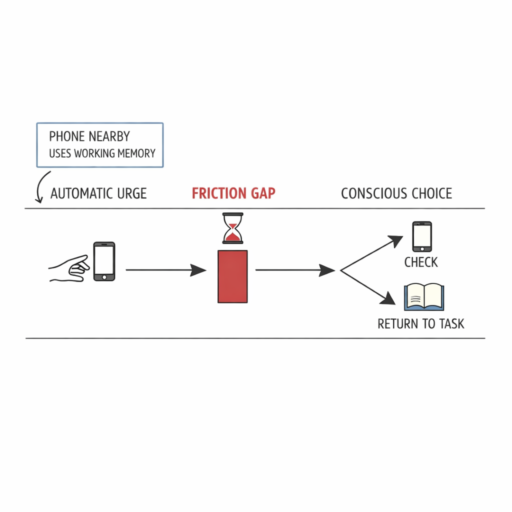 Diagram showing urge, a friction gap, and a conscious choice path between checking a phone and returning to a task.