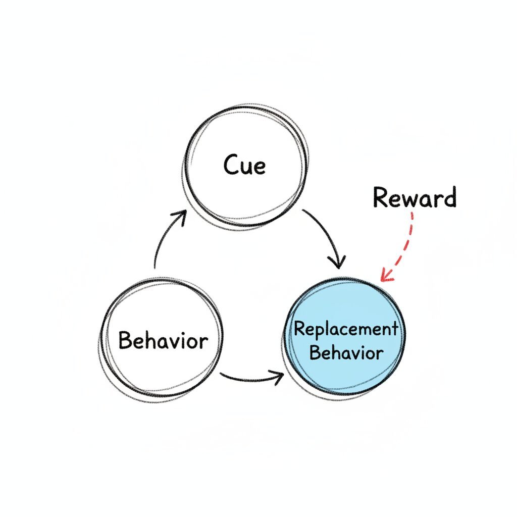 A sketched diagram of a habit loop: cue, behavior, and reward, with an alternate path labeled replacement behavior.