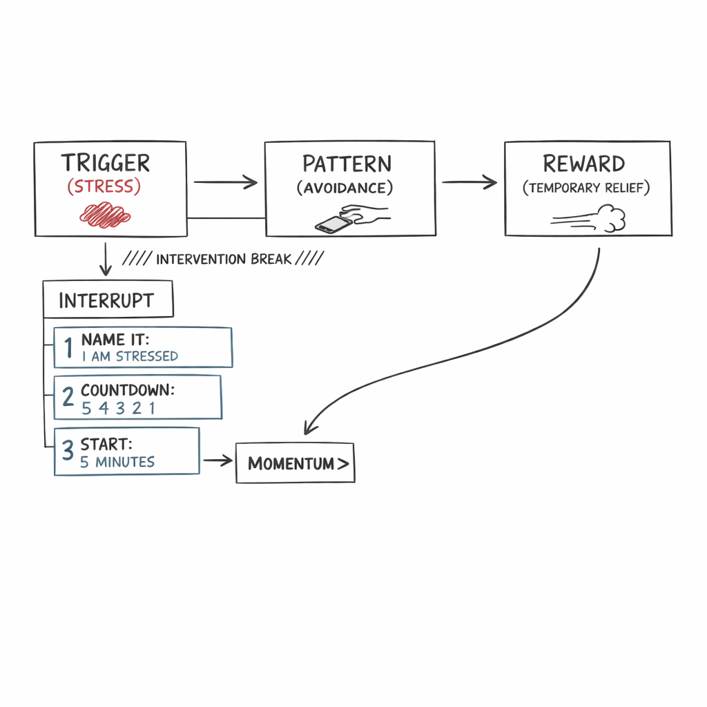 A loop diagram shows stress triggering avoidance for relief, with an interrupt step: name it, countdown, start five minutes.