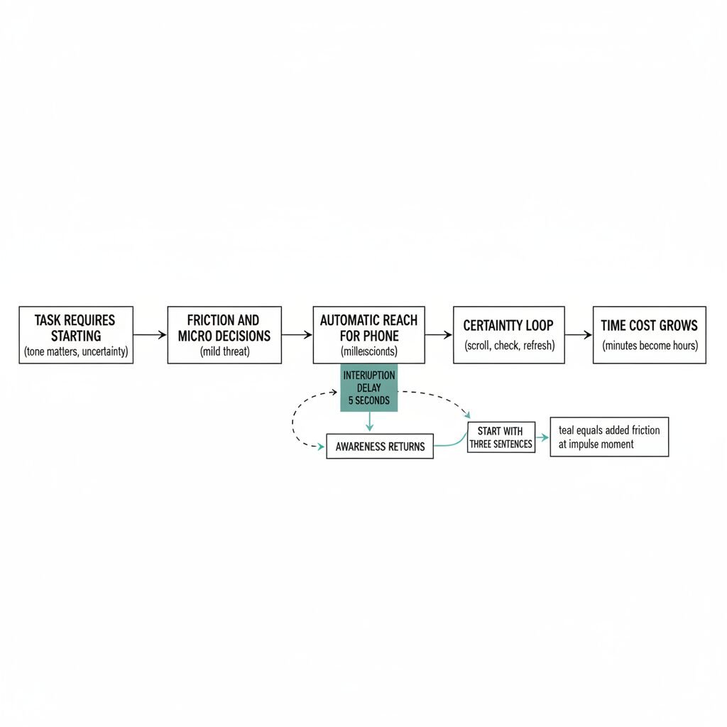 A flow diagram showing task initiation friction leading to phone checking, with a delay step that restores awareness.