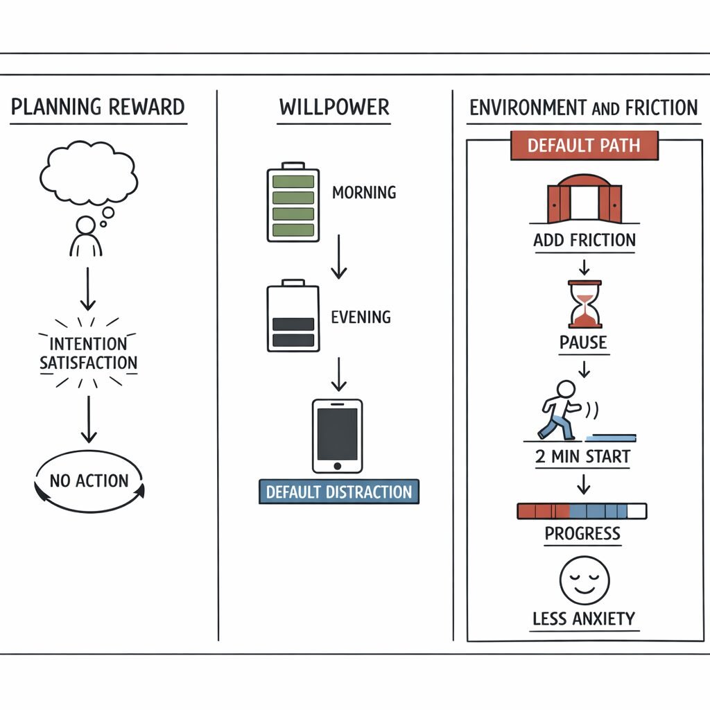 Diagram showing planning reward loops, willpower drain, and how friction plus a two minute start leads to progress.