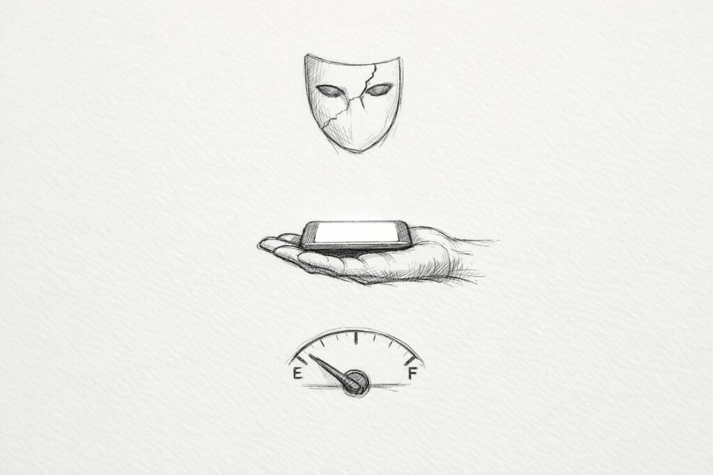A hand holds a glowing phone beneath a floating cracked mask and an almost empty fuel gauge in a sparse sketch.
