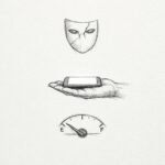 A hand holds a glowing phone beneath a floating cracked mask and an almost empty fuel gauge in a sparse sketch.