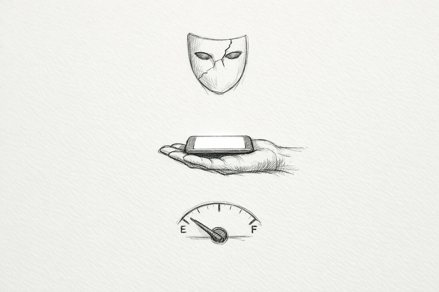 A hand holds a glowing phone beneath a floating cracked mask and an almost empty fuel gauge in a sparse sketch.