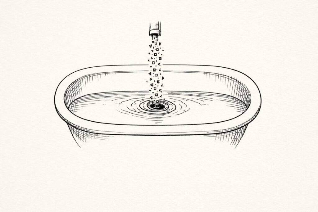 A sketch of a bathtub with a low waterline, a fast faucet stream, and an open drain pulling water down.