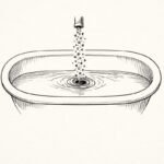 A sketch of a bathtub with a low waterline, a fast faucet stream, and an open drain pulling water down.