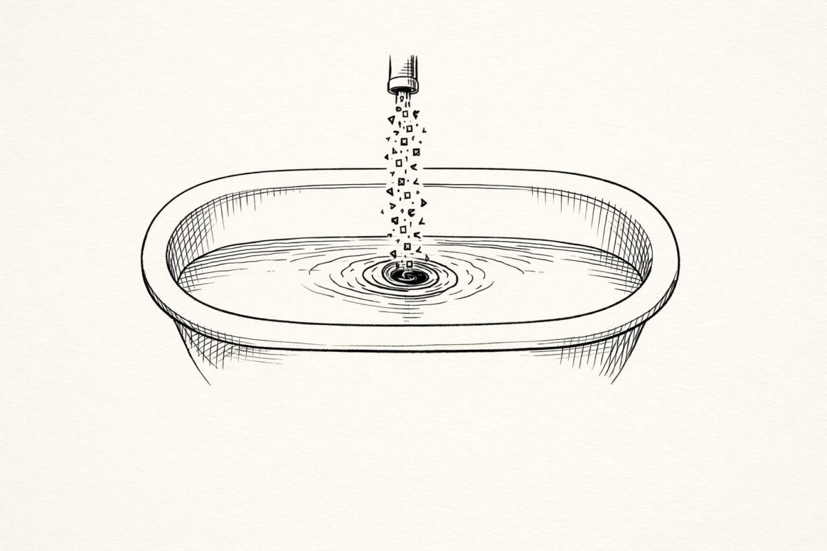 A sketch of a bathtub with a low waterline, a fast faucet stream, and an open drain pulling water down.
