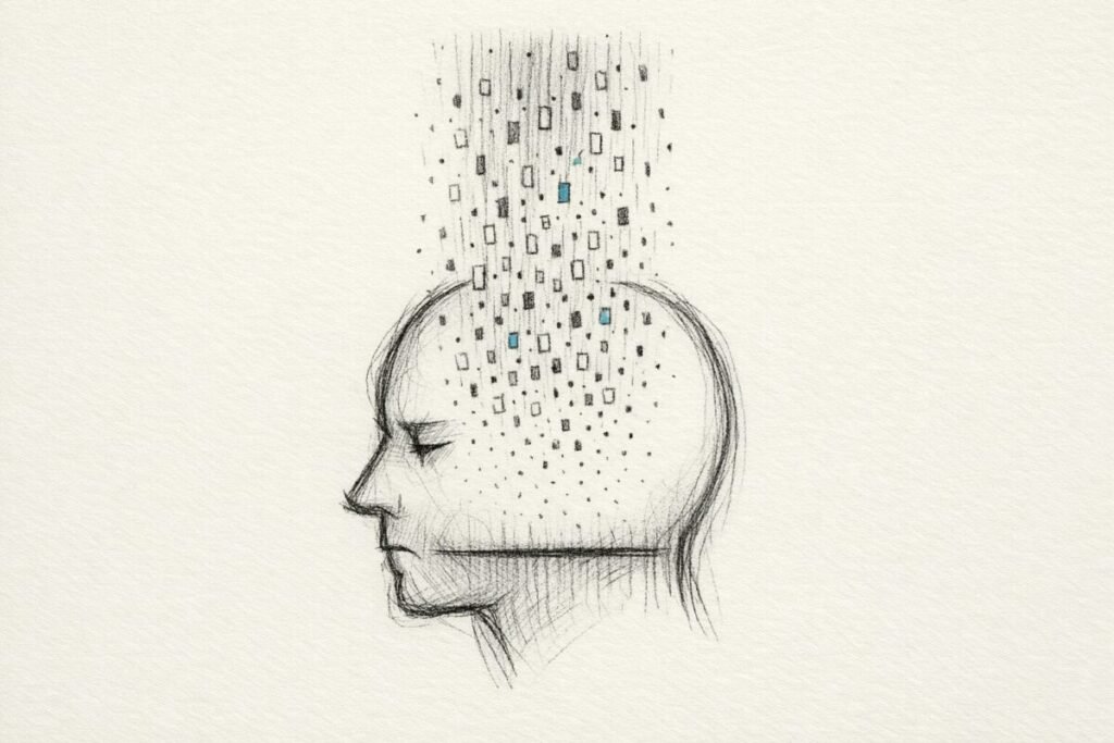 A head silhouette with a low baseline line inside as small glowing rectangles fall toward it in a sparse sketch.