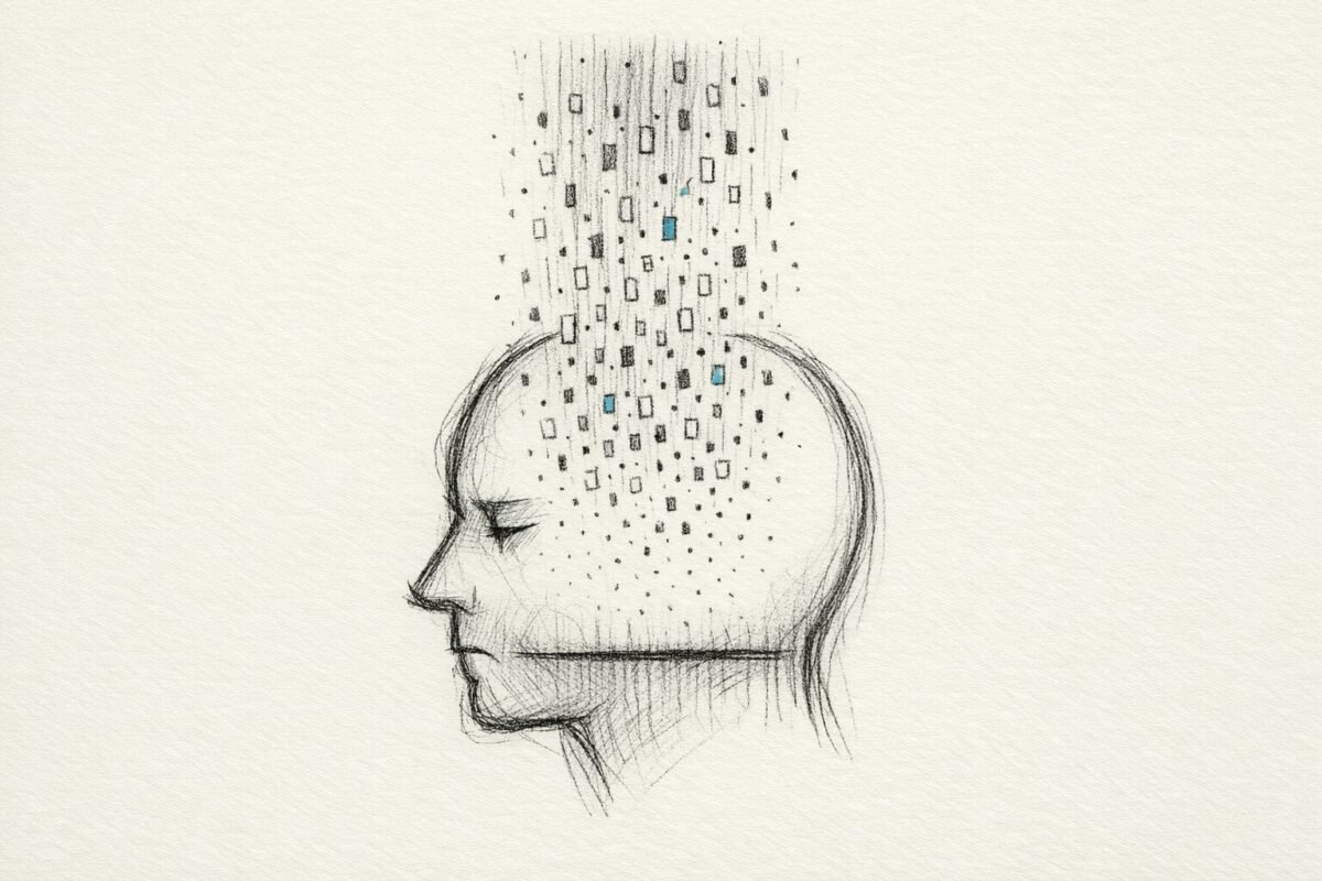 A head silhouette with a low baseline line inside as small glowing rectangles fall toward it in a sparse sketch.