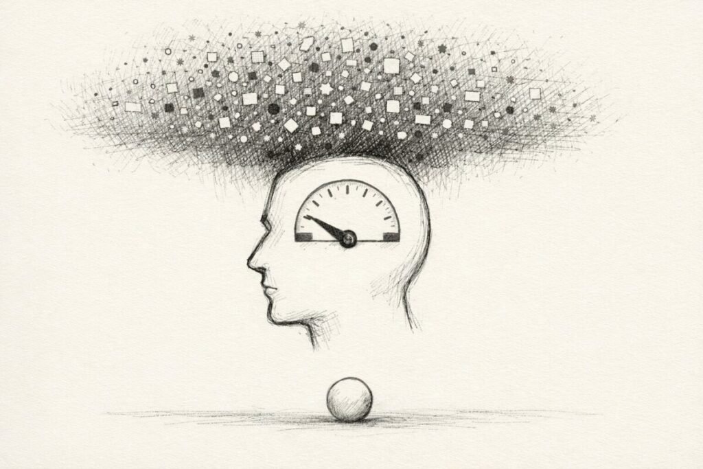 Minimal sketch of a head with a thermostat dial lowered by a cloud of abstract stimuli above.