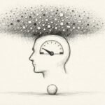 Minimal sketch of a head with a thermostat dial lowered by a cloud of abstract stimuli above.