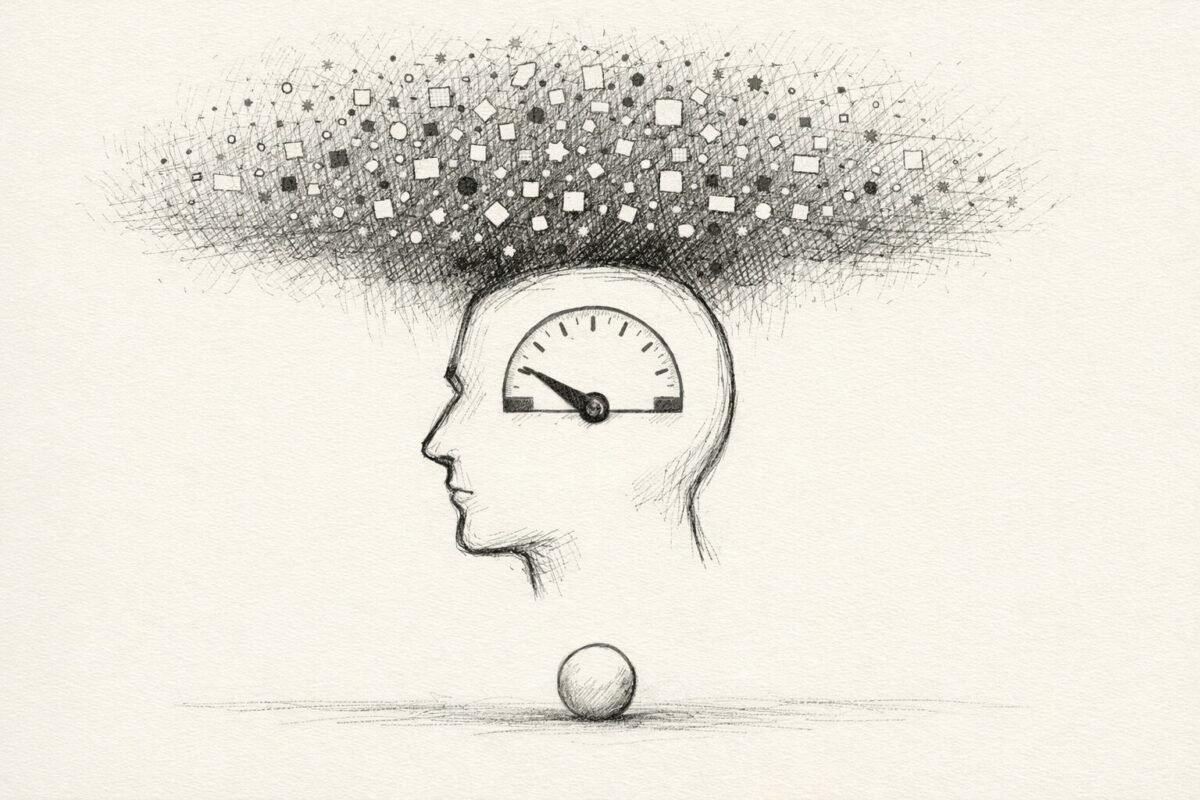Minimal sketch of a head with a thermostat dial lowered by a cloud of abstract stimuli above.