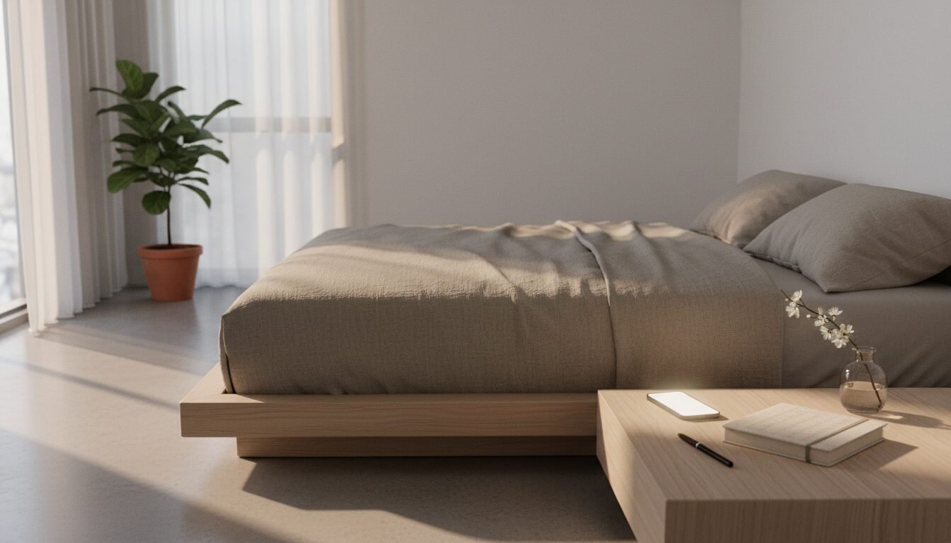 Calm morning bedroom with phone and journal illustrating morning phone habit and routine