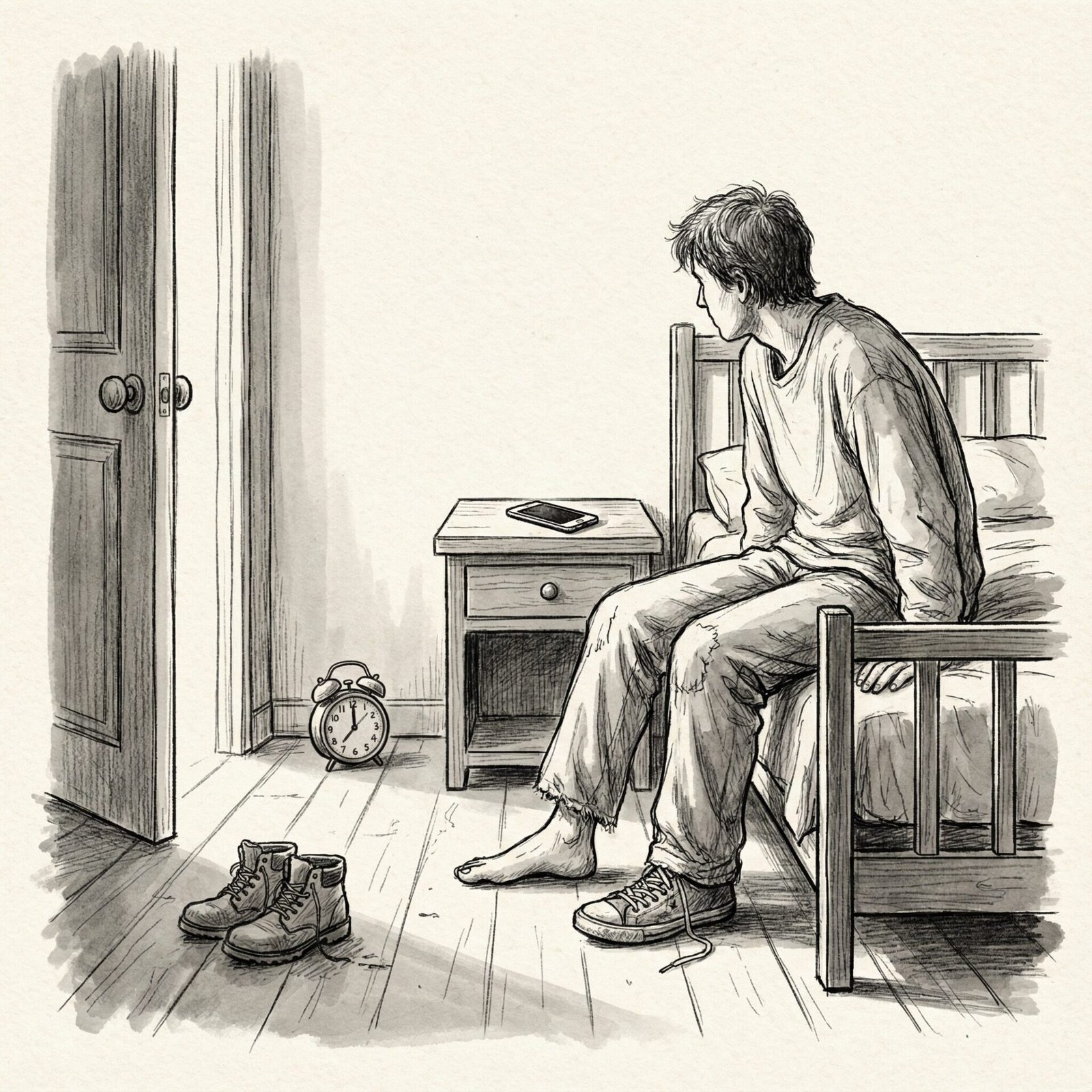 A person sits on a bed with a phone set aside, looking toward an open door and daylight as if preparing to step out.