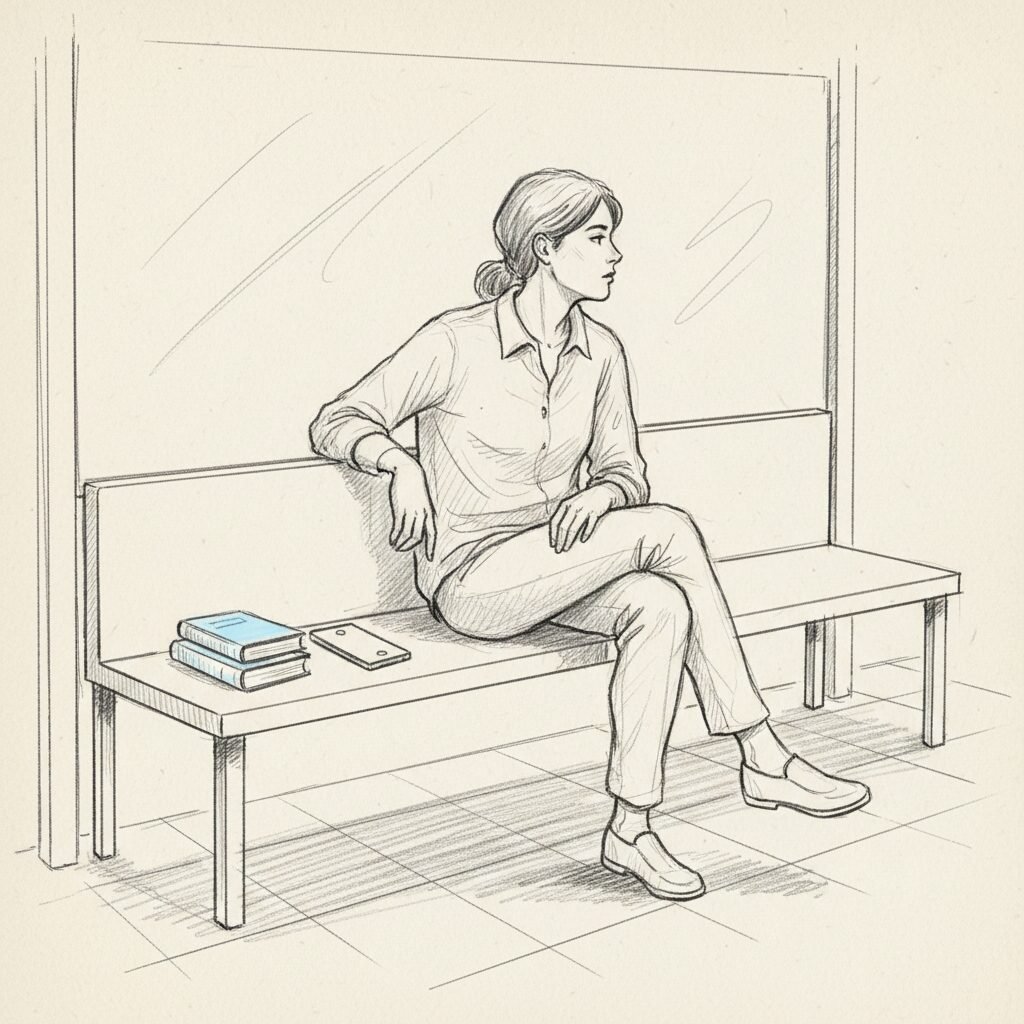 A person at a bus stop pauses with hand hovering over a phone, sitting near a small pile of books, appearing undecided.